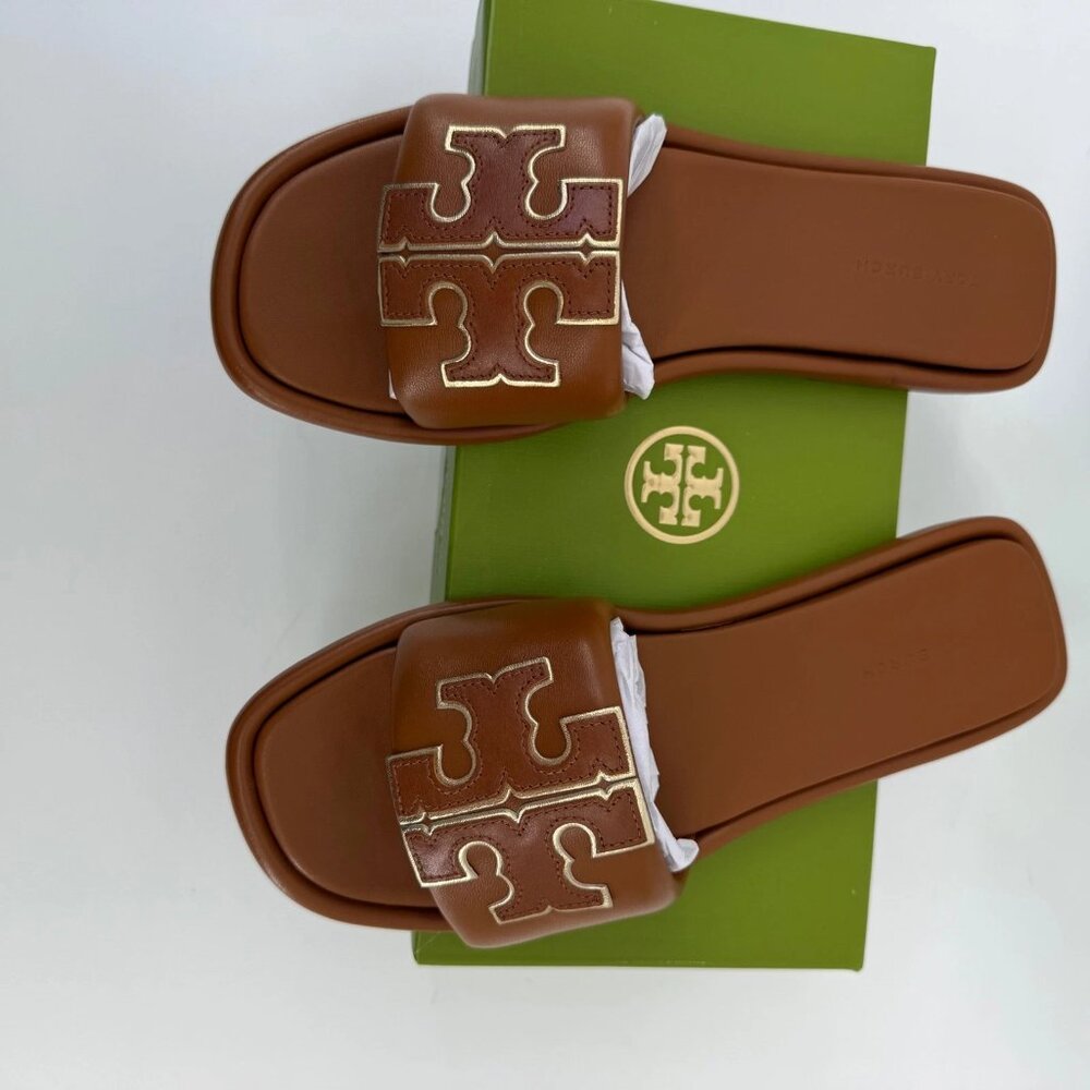 NEW Tory Burch Double T Sport slide Nappa Leather Bourbon Miele/ Gold 79985 W 7